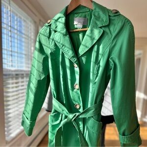 Ann Taylor Green Trench Coat, Single Breasted, Knee Length